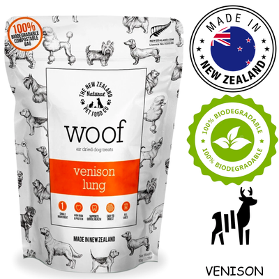 New Zealand venison lung treats air dried dog snacks by The New Zealand Pet Food Co in biodegradable bag