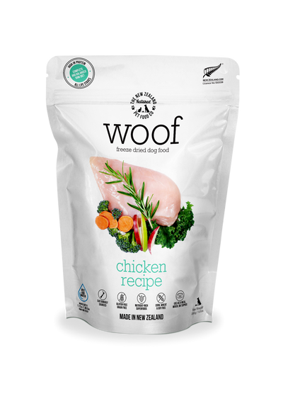 NZPF freeze dried chicken dog food by The New Zealand Pet Food Co in a white pouch with chicken and vegetable image