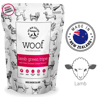 NZPF lamb green tripe dog treats freeze dried by The New Zealand Pet Food Co pouch with dog illustrations