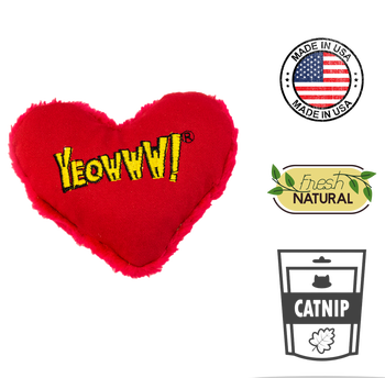 YEOWWW Catnip heart cat toy in red plush with yellow logo for natural catnip play