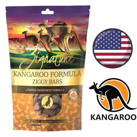 Zignature Kangaroo Formula Ziggy Bars resealable bag with kangaroo art grain free kangaroo dog treats