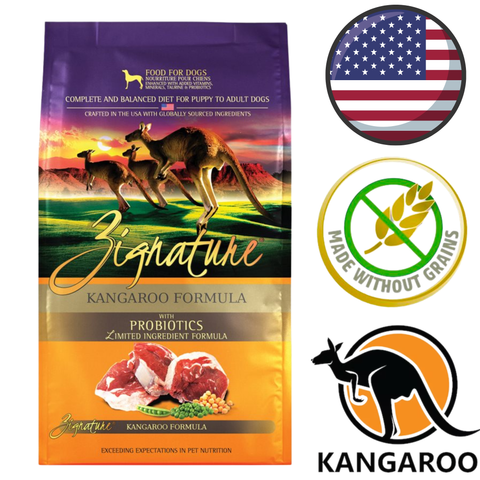 Zignature Kangaroo Formula bag showing kangaroos and raw kangaroo meat premium hypoallergenic dog food made without grains
