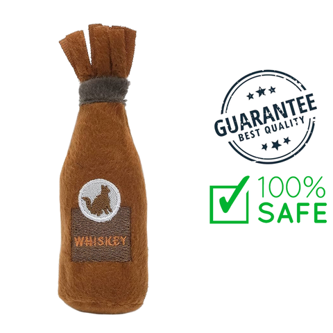 ZippyClaws catnip whiskey cat toy shaped like a brown whiskey bottle made of soft fabric