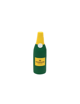 ZippyPaws champagne crusherz toy shaped like a green and yellow champagne bottle dog toy
