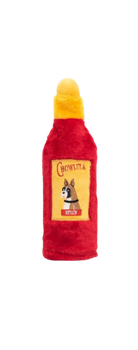Zippypaws hot sauce dog toy shaped like a red and yellow hot sauce bottle for pet play