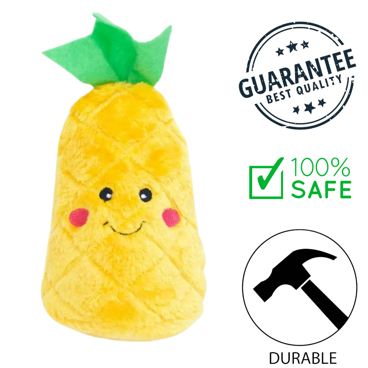 Zippypaws pineapple dog toy plush yellow chew toy with green leaves and smiling face