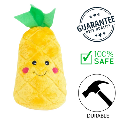 Zippypaws pineapple dog toy plush yellow chew toy with green leaves and smiling face