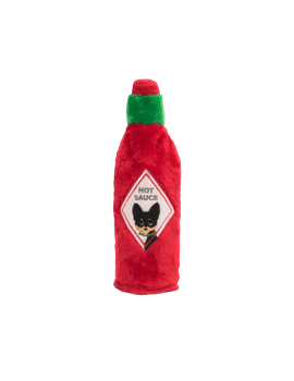 ZippyPaws pupbasco hot sauce toy in red and green plush dog toy shaped like a hot sauce bottle
