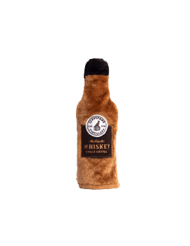 Zippypaws whiskey bottle dog toy plush in brown and black with whiskey label design