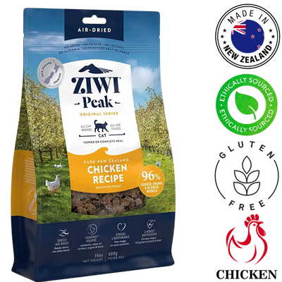 ZIWI chicken air dried cat food in a blue bag with ethical sourcing icons and gluten-free label
