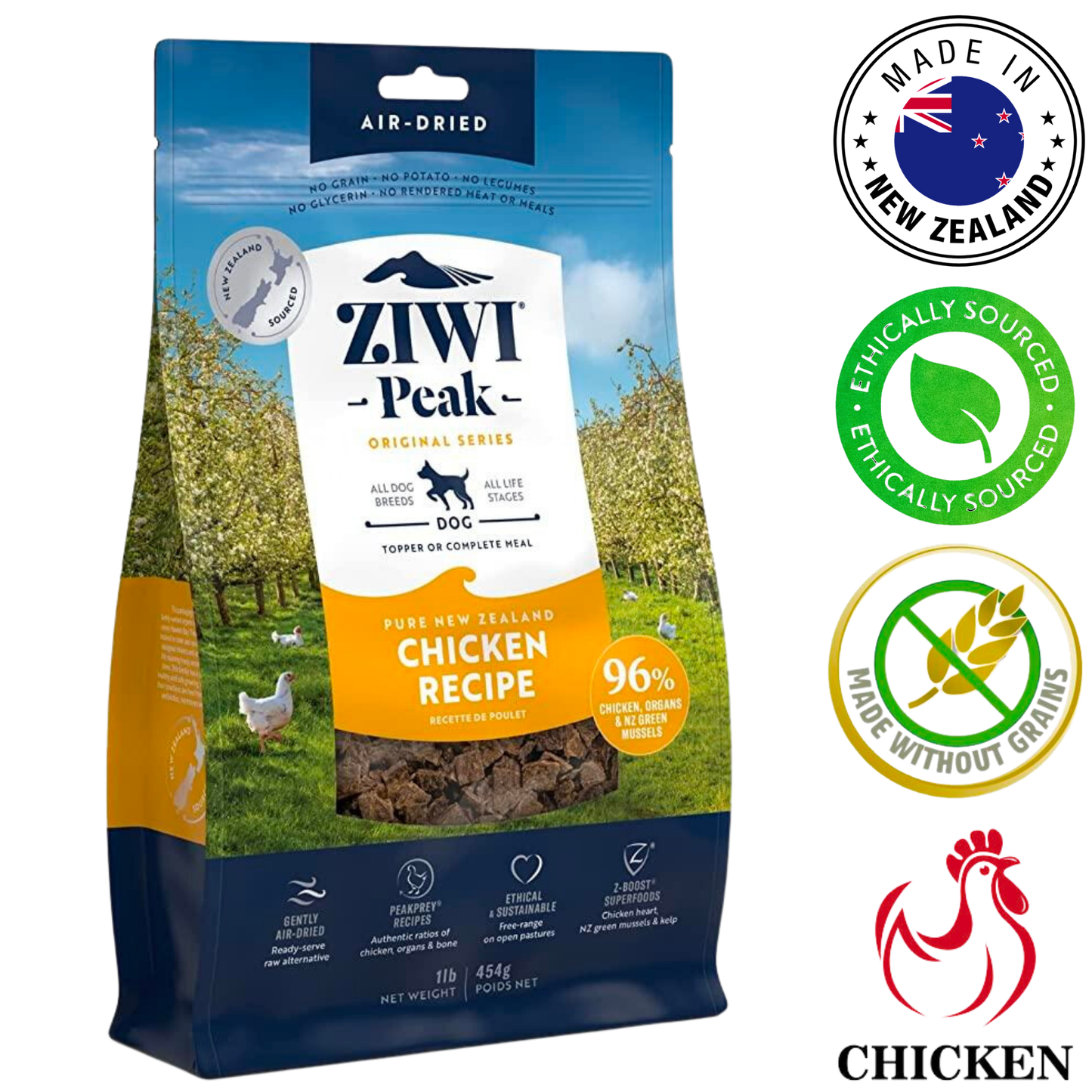 ZIWI chicken air dried dog food bag with pure New Zealand chicken recipe and ethically sourced ingredients