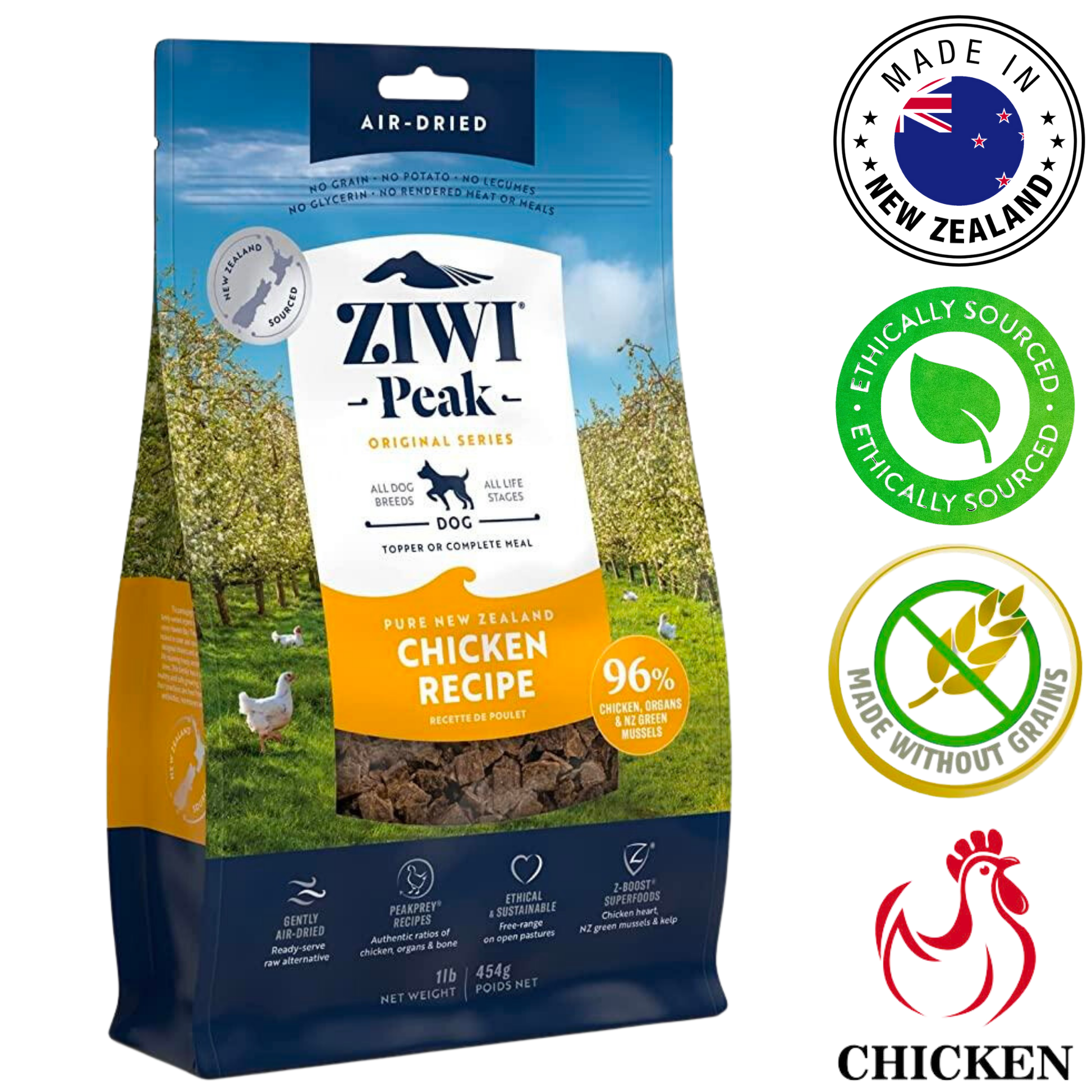 ZIWI chicken air dried dog food bag with pure New Zealand chicken recipe and ethically sourced ingredients