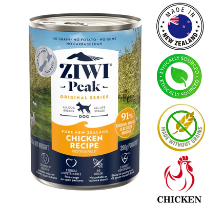 ZIWI chicken canned dog food with 91% chicken and no grains, ideal for all dog breeds