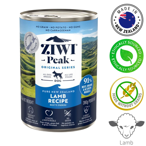 ZIWI lamb canned dog food featuring 91% meat and ingredients from New Zealand for all dog breeds