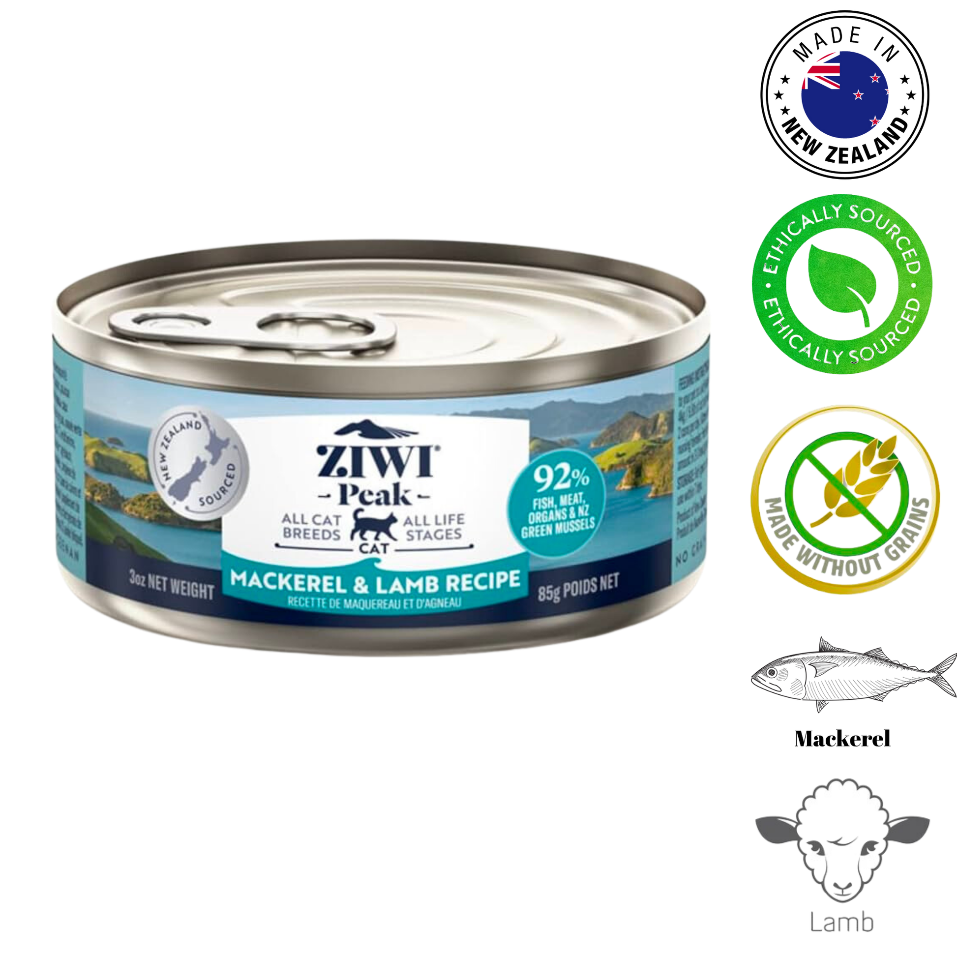 ZIWI mackerel and lamb cat food in a can, featuring high protein and ethically sourced ingredients