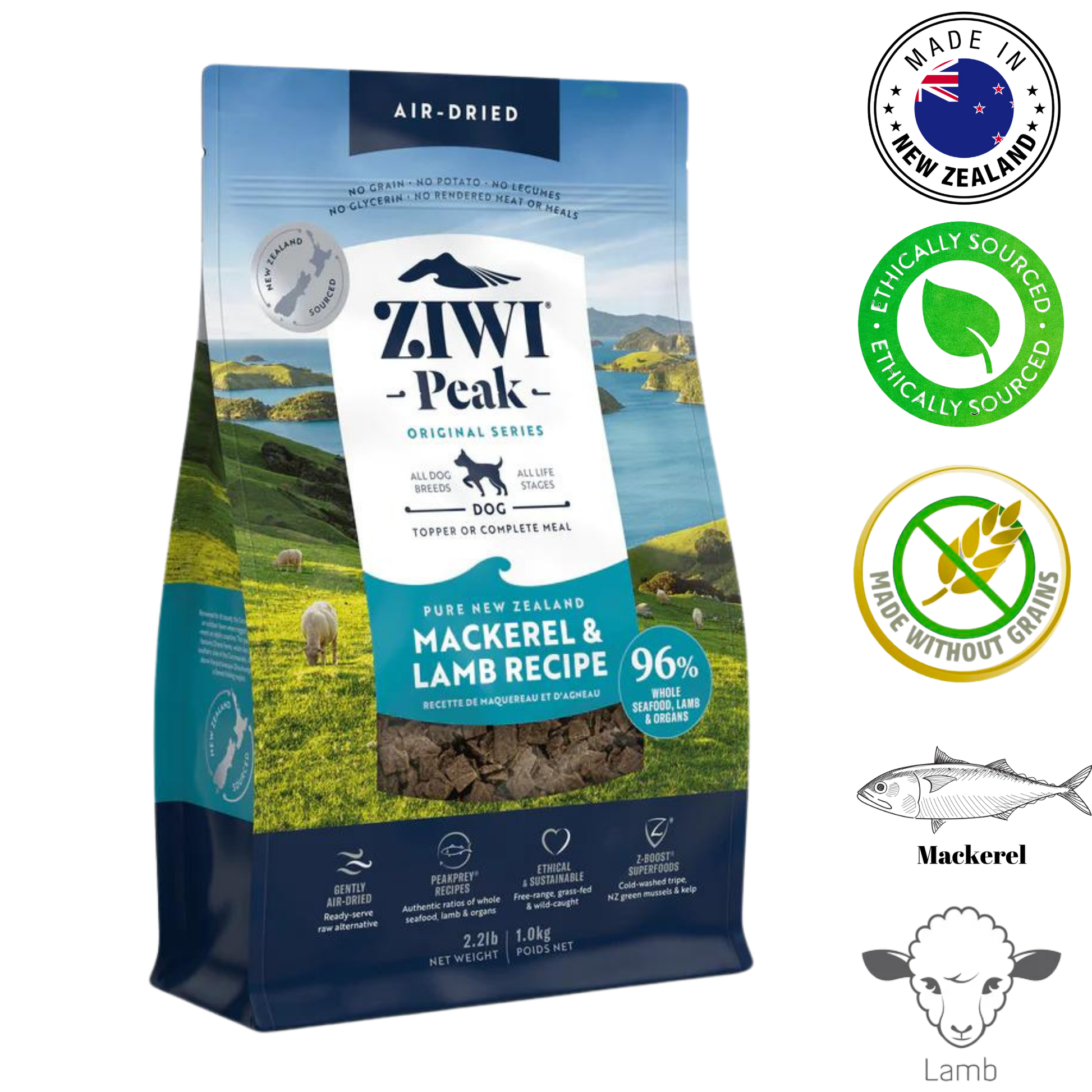 ZIWI mackerel and lamb dog food in a resealable bag, 96% meat, air-dried recipe for healthy dogs