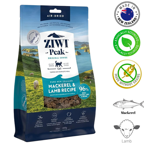 ZIWI mackerel lamb cat food in an air-dried formula, featuring high protein and natural ingredients